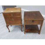 An oak bedside cupboard and a similar period lamp table with fall flap drawer