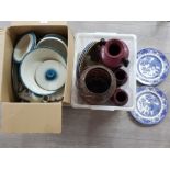 Wedgwood part dinner service, ironstone blue and white plates, large candle holder etc in two boxes