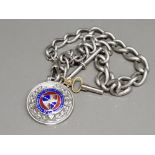 Silver albert watch chain, Birmingham, and a silver and enamel FC pendant 87.6g gross