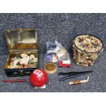 A glass and shell decorated pot and cover, KitKat timer, fridge magnets, Matchbox van etc