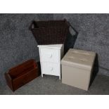 A set of two drawers, a storage stool, magazine rack and wicker basket
