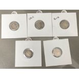 Five solid silver India 2 Annas coins dated 1881,1882 Bomb, 1882 calc, 1884 & 1887