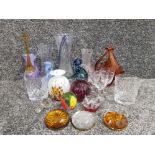 Selection of art glass vases paperweights duck and crystal drinking glasses etc