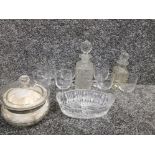 Box of powder jar with silver collared topy Henry Hobson and sons London 2 cut glass perfume