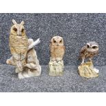 Three Teviotdale owls perching and all signed Debbie Edlmann and DMS 1982/85/86