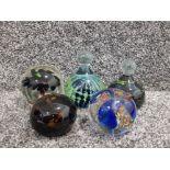 5 art glass paperweights to include mdina Malta etc