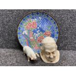 Unmarked 1994 decorative wall plate together with tobacco jar in the form of a monk and acorn
