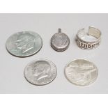 Collectable items: silver 925 Arabic ring, locket, Eisenhower one dollar, belgian coin and one