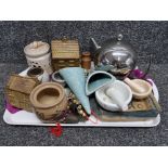 Tray lot of studio pottery and metalware including shelf pottery charmouth and two pestle and