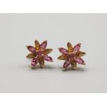 Ladies 9ct yellow gold pink stone cluster studs 2.8g