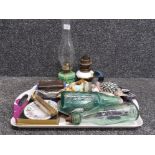 Large tray of miscellaneous to include codd bottles duck figurines metal ware 2 glass font oil lamps