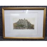 A limited edition signed colour etching of a Gaudi building, indistinct signature 39 x 49cm