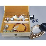 Cream jewellery box containing costume, white metal and silver jewellery