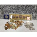 Tray of world coins together with 1981 crown a Victorian white metal cased Victorian coin dated 1889