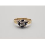 Ladies 9ct yellow gold sapphire and diamond cluster ring size l1/2 2.2g