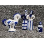 Three Russian porcelain figures of a horse, a pair of peasant women and a sitting reading child