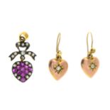 Paste accent heart-shape drop earrings, stamped 9CT, length 2.4cms, 1.8gms.