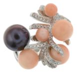 A coral, cultured pearl and diamond ring.Total diamond weight 0.39ct, stamped to band.