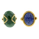 9ct gold lapis lazuli and tiger's-eye swivel ring, hallmarks for 9ct gold, ring size N1/2, 5.9gms.