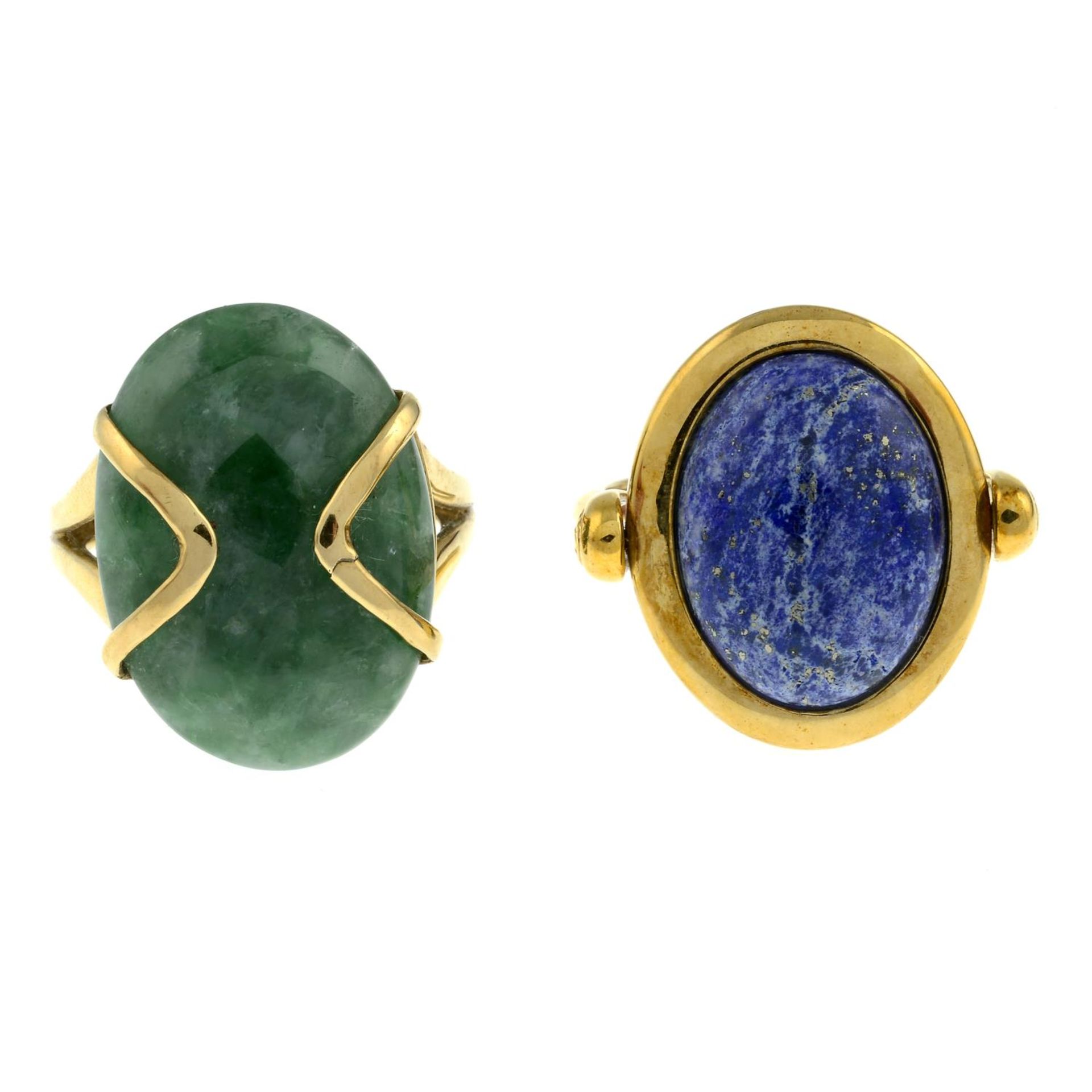 9ct gold lapis lazuli and tiger's-eye swivel ring, hallmarks for 9ct gold, ring size N1/2, 5.9gms.