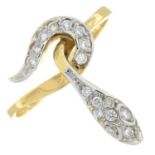 An 18ct gold brilliant-cut diamond snake ring.Estimated total diamond weight 0.15ct.Hallmarks for