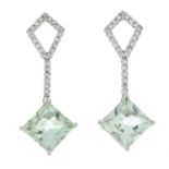 A pair of 18ct gold prasiolite and diamond drop earrings.Estimated total diamond weight
