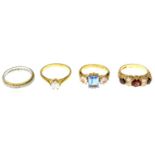 9ct gold synthetic blue spinel and cubic zirconia three-stone ring,