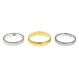 Two 18ct gold band rings, hallmarks for 18ct gold, ring sizes I and O, 6.2gms.