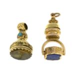 Late 19th century gold lapis lazuli and chalcedony swivel fob,