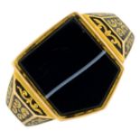 A late Victorian 18ct gold banded agate and black enamel memorial signet ring.Hallmarks for
