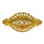 A late Victorian 15ct gold diamond and split pearl brooch.Stamped 15 625.