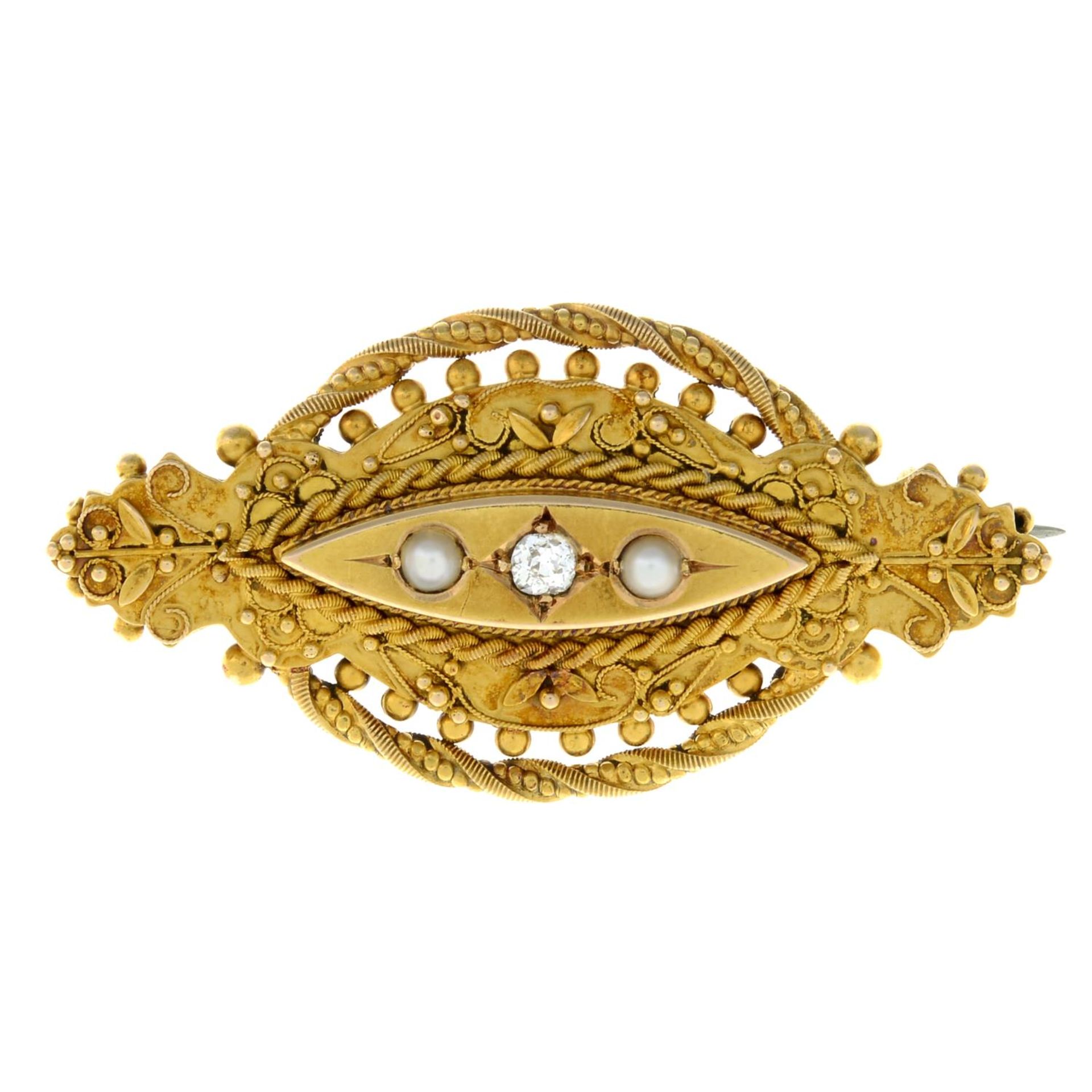 A late Victorian 15ct gold diamond and split pearl brooch.Stamped 15 625.