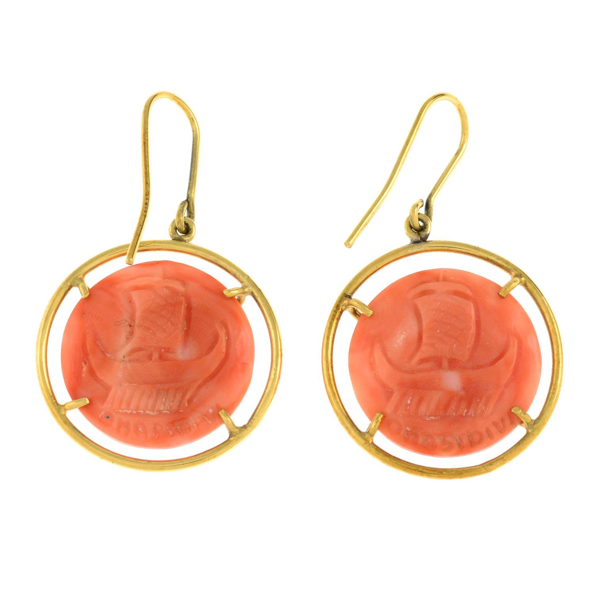 A pair of coral cameo earrings.Length 3.8cms. - Image 2 of 3