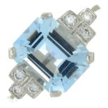 An aquamarine and diamond dress ring.Aquamarine calculated weight 2.89cts,