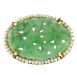 A jade and seed pearl brooch.Stamped 14K.Length 3cms.