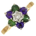 An 18ct gold diamond, amethyst and green gem cluster ring.Hallmarks for London, 1970.Ring size O.
