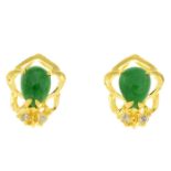 A pair of jade and diamond stud earrings.Butterfly backs stamped 916.Length 1cm.