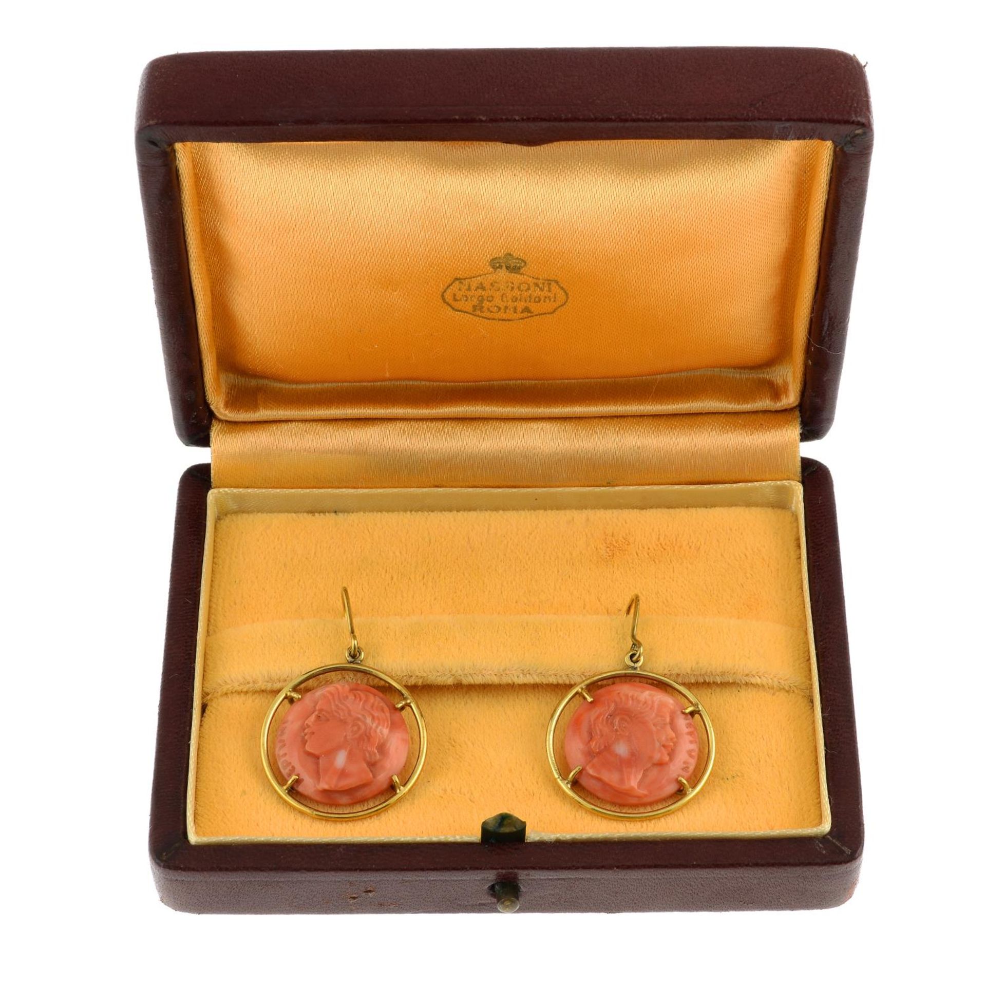 A pair of coral cameo earrings.Length 3.8cms. - Image 3 of 3