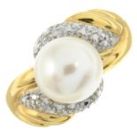 A cultured pearl and diamond ring.Ring size L.