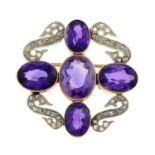 An amethyst and diamond brooch.Length 3.5cms.