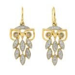 A pair of 9ct gold diamond and coloured diamond drop earrings,