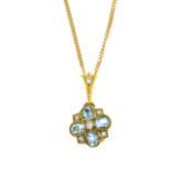 A 9ct gold aquamarine and diamond floral pendant, with 9ct gold chain.Hallmarks for 9ct gold.