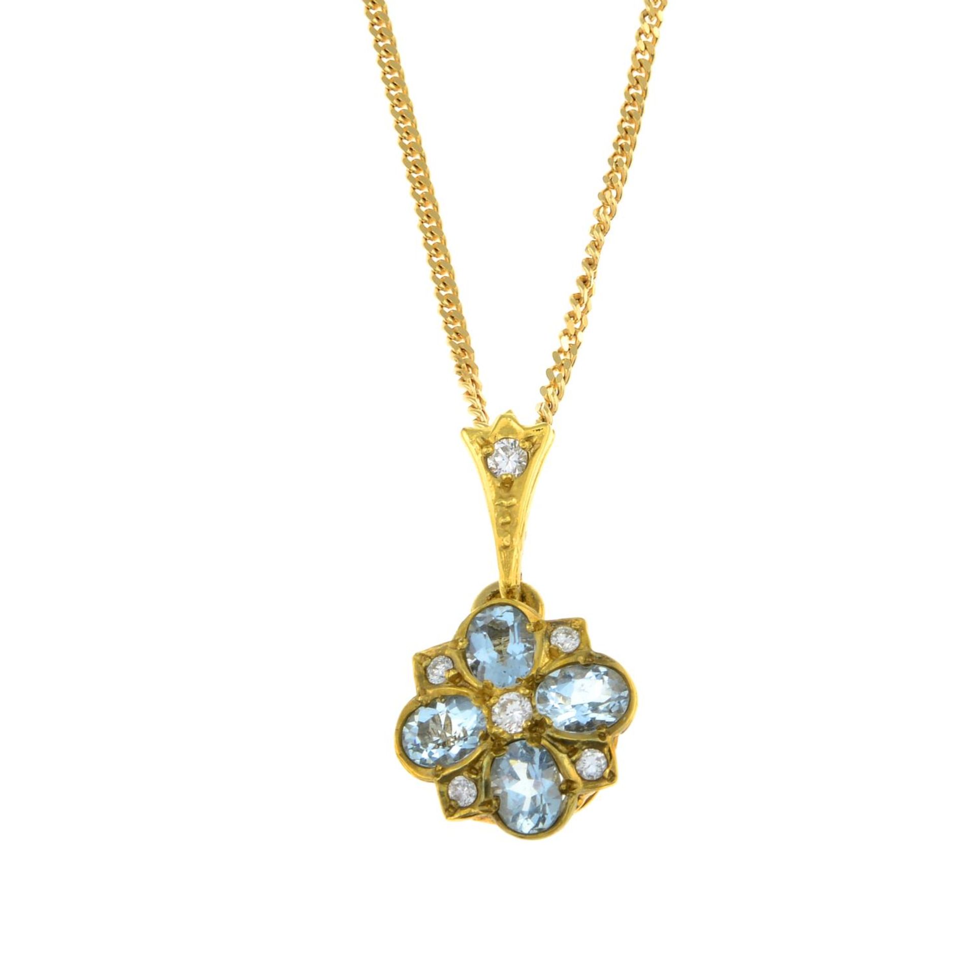 A 9ct gold aquamarine and diamond floral pendant, with 9ct gold chain.Hallmarks for 9ct gold.