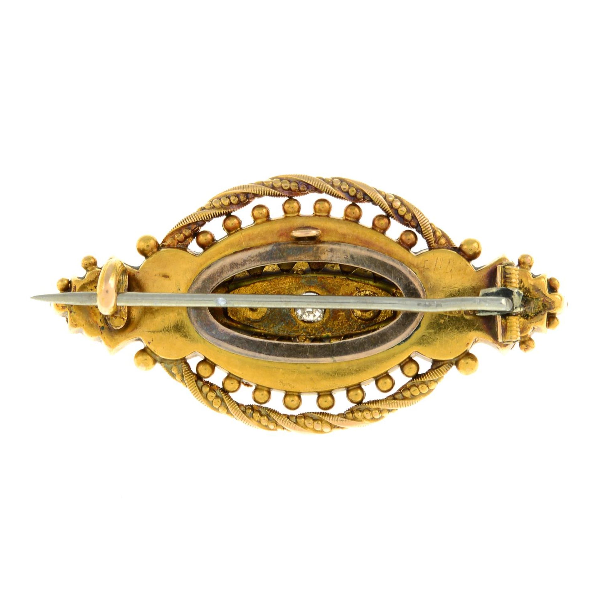 A late Victorian 15ct gold diamond and split pearl brooch.Stamped 15 625. - Image 2 of 2