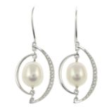 A pair of cultured pearl and diamond drop earrings.Total diamond weight 0.19ct, stamped to mount.