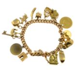 A 9ct gold charm bracelet, suspending sixteen charms.Bracelet stamped 9ct gold.