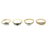 Four gem-set rings.18ct gold cubic zirconia and black gem three-stone ring,