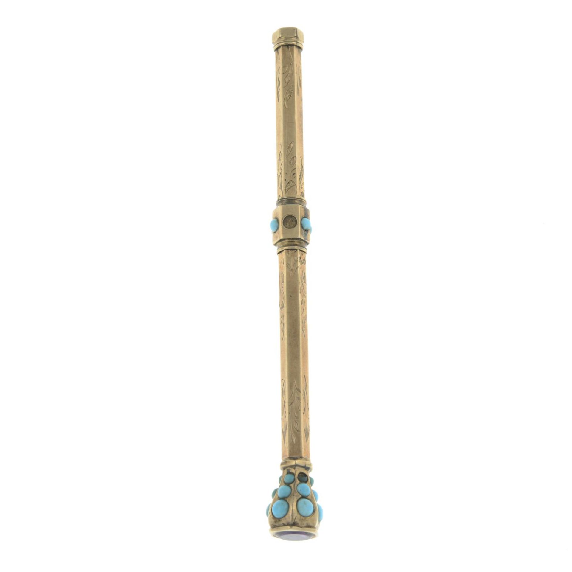 A late 19th century pencil, with turquoise accent and amethyst terminal.Full length 10.1cms. - Image 2 of 2