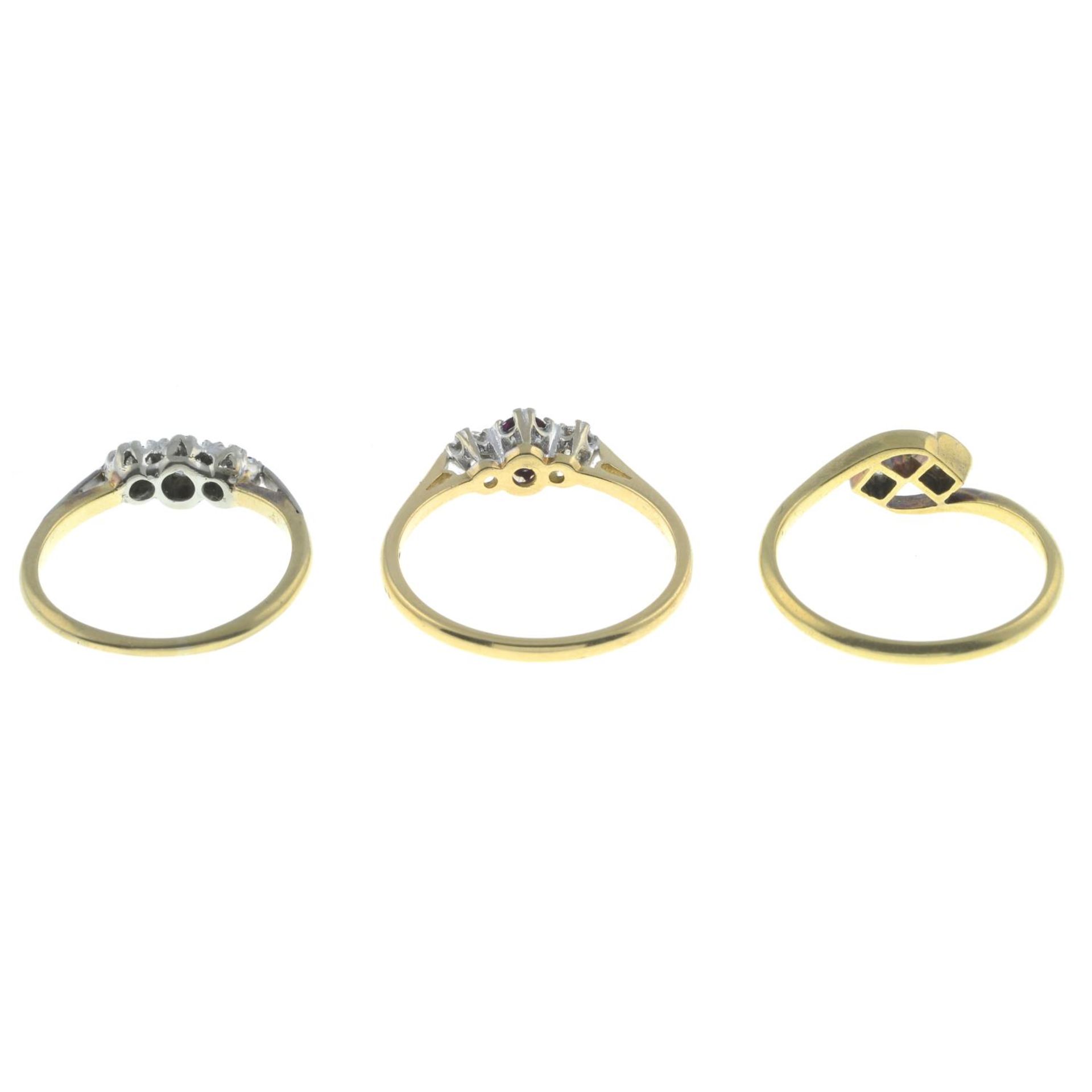 Three 18ct gold gem-set rings.Mid 20th century old-cut diamond two-stone ring, - Image 2 of 2