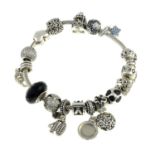 A charm bracelet and fifteen charms, by Pandora.Signed Pandora.